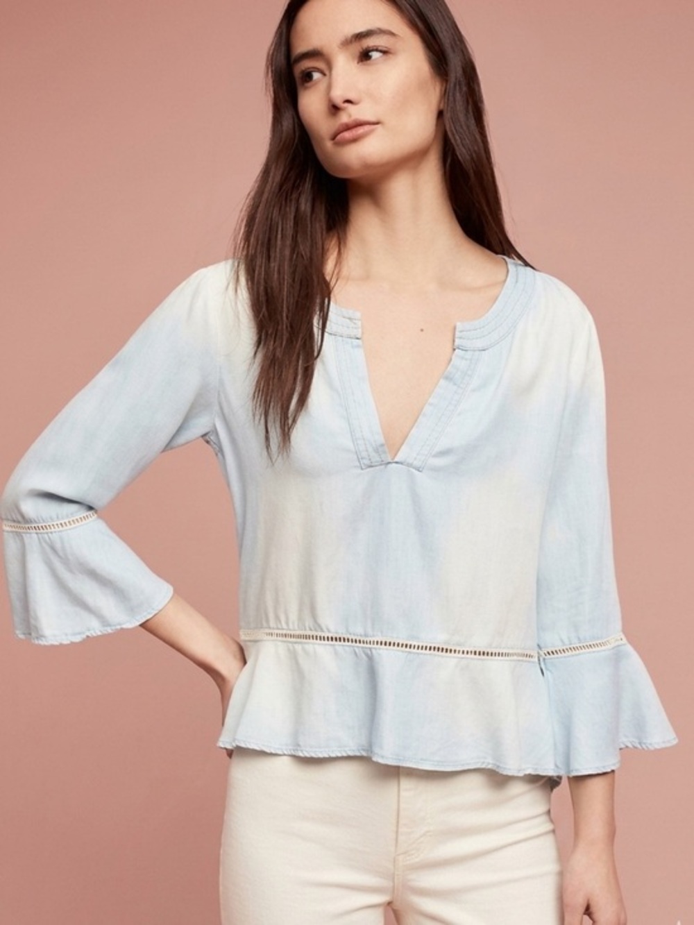 Anthropologie Cloth and Stone Chambray Bell Sleeve Aria Henley Size Med